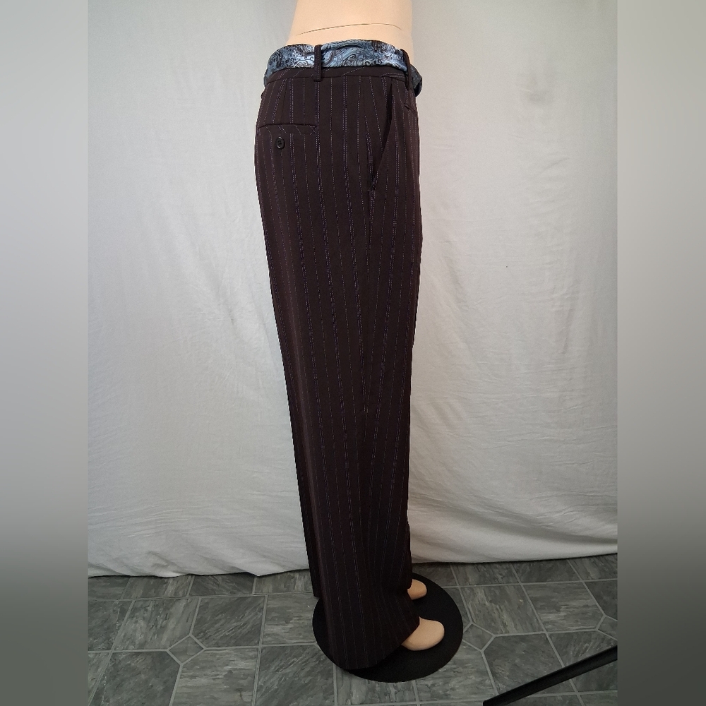 Larry Levine Brown Pinstripe Wide-Leg Pants with Blue Stitching Size 10 - Picture 8 of 16